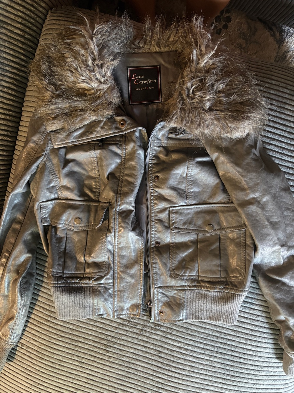 Women's Metallic Gray Faux Fur Collar Jacket